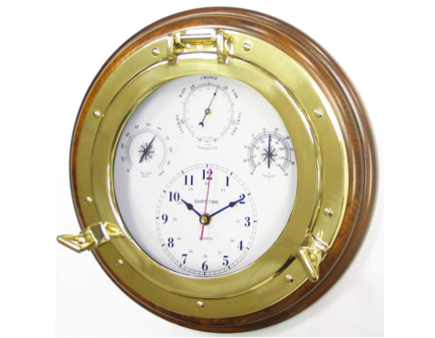 Meridian Zero Wood Mounted Porthole Weatherman 4 in 1 Barometer, Thermometer, Clock, Hygrometer