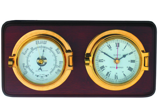 Meridian Zero Channel Range Brass Clock and Barometer mounted on a Wooden Board