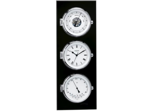Wempe Elegance Series Quartz Clock with Barometer and Thermometer/Hygrometer Chrome Plated in Black Wooden Board