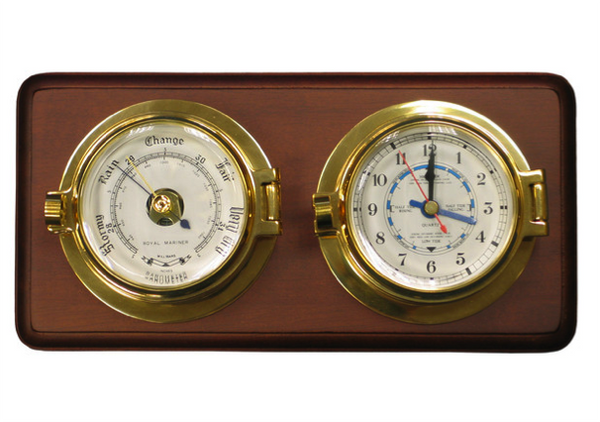 Meridian Zero Channel Range Brass Tide Clock and Barometer mounted on a Wooden Board - In Stock