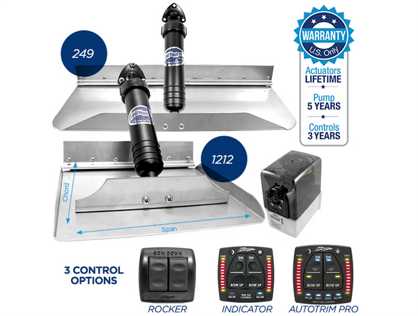 Bennett Standard Hydraulic Trim Tab System with Rocker Control Switch - 11 Sizes - Trailing Edge & Riveted Angle