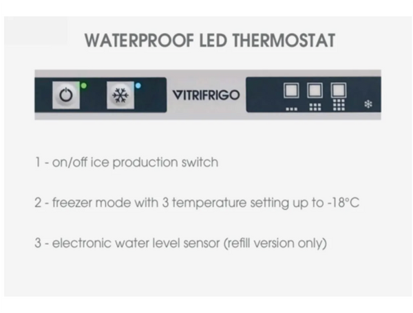 Vitrifrigo VFIMCLOCX2REFIL BOTTLE FED ICEMAKER FULL HEIGHT WITH 7 LITRE REMOVABLE INTERNAL TANK, OCX2 CATCH AND FRAME 230v 50HTZ
