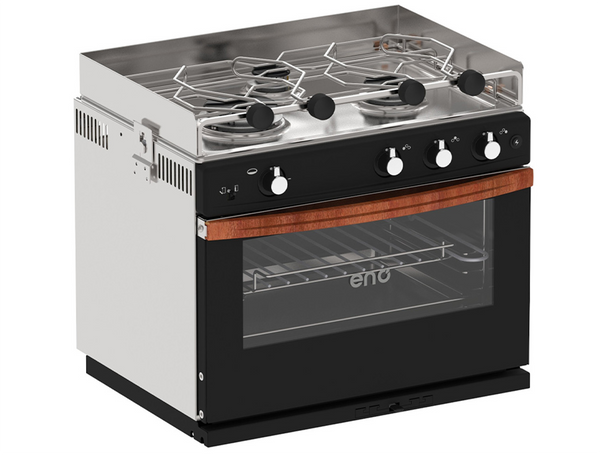 Eno Allure- 3-Burner Galley Range in Stainless Steel with Grill, Wooden Handle, Stainless Steel Oven and Ignition
