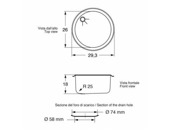 Barka Round Stainless Steel Sink - Vertical Sides - 260 x 180mm