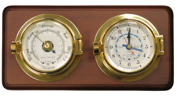 meridian zero channel range brass tide clock and barometer mounted on a wooden board