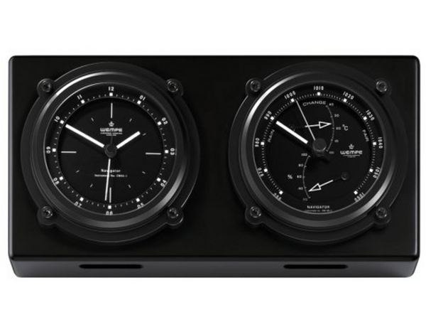 Wempe Navigator II Series Quartz Clock with Barometer and Thermometer/Hygrometer Pitch Black Anodised on Black Wooden Board