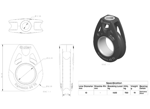 Allen 60mm Single Tii-On Block - With or Without Shackle