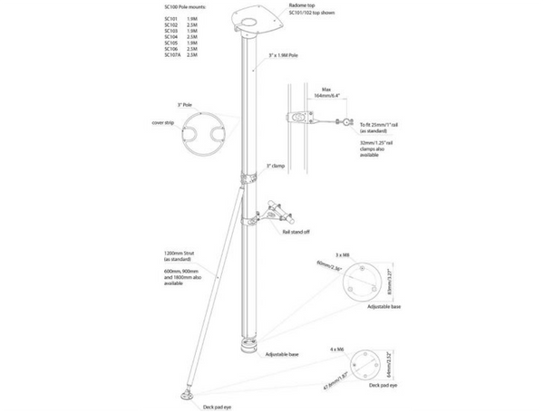 Scanstrut SC101 Pole system - 1.9m complete SC100 kit for 2kW & 4kW Raymarine radomes - Aluminium