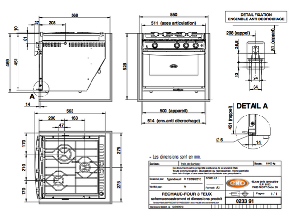 Eno Grand Large 3 - Stainless Steel 3 Burner Hob with Enamelled Oven - Ignition, Gimbals & Pan Clamps