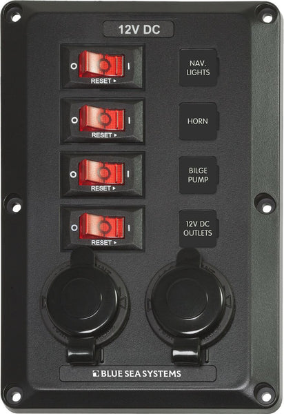 Blue Sea 4 Position with 2 x 12V Sockets Below Deck Circuit Breaker Panel